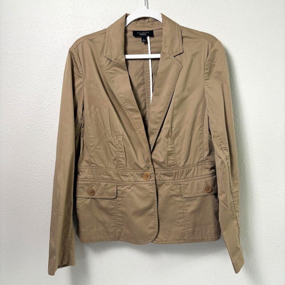 Talbots Blazer Jacket Womens 12 Tan Long Sleeve Cotton Stretch‎ Casual Preppy